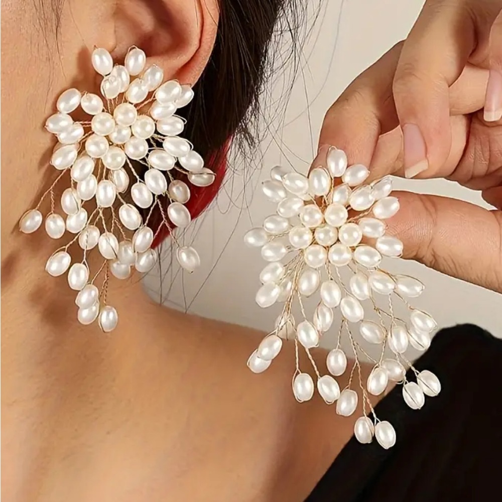 Gold Pearl Cascading Statement Earrings